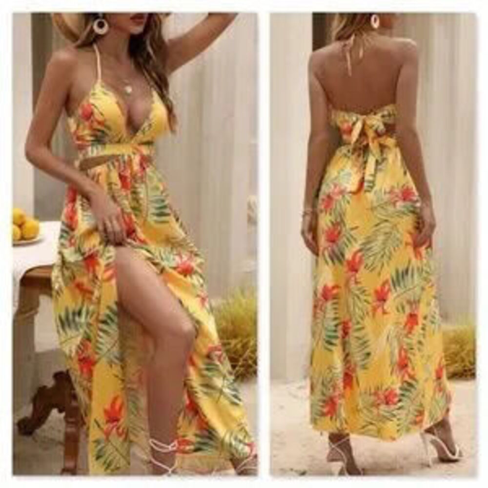 Yellow Boho Tropical Print Backless Maxi Dress V-Neck Floral Flared